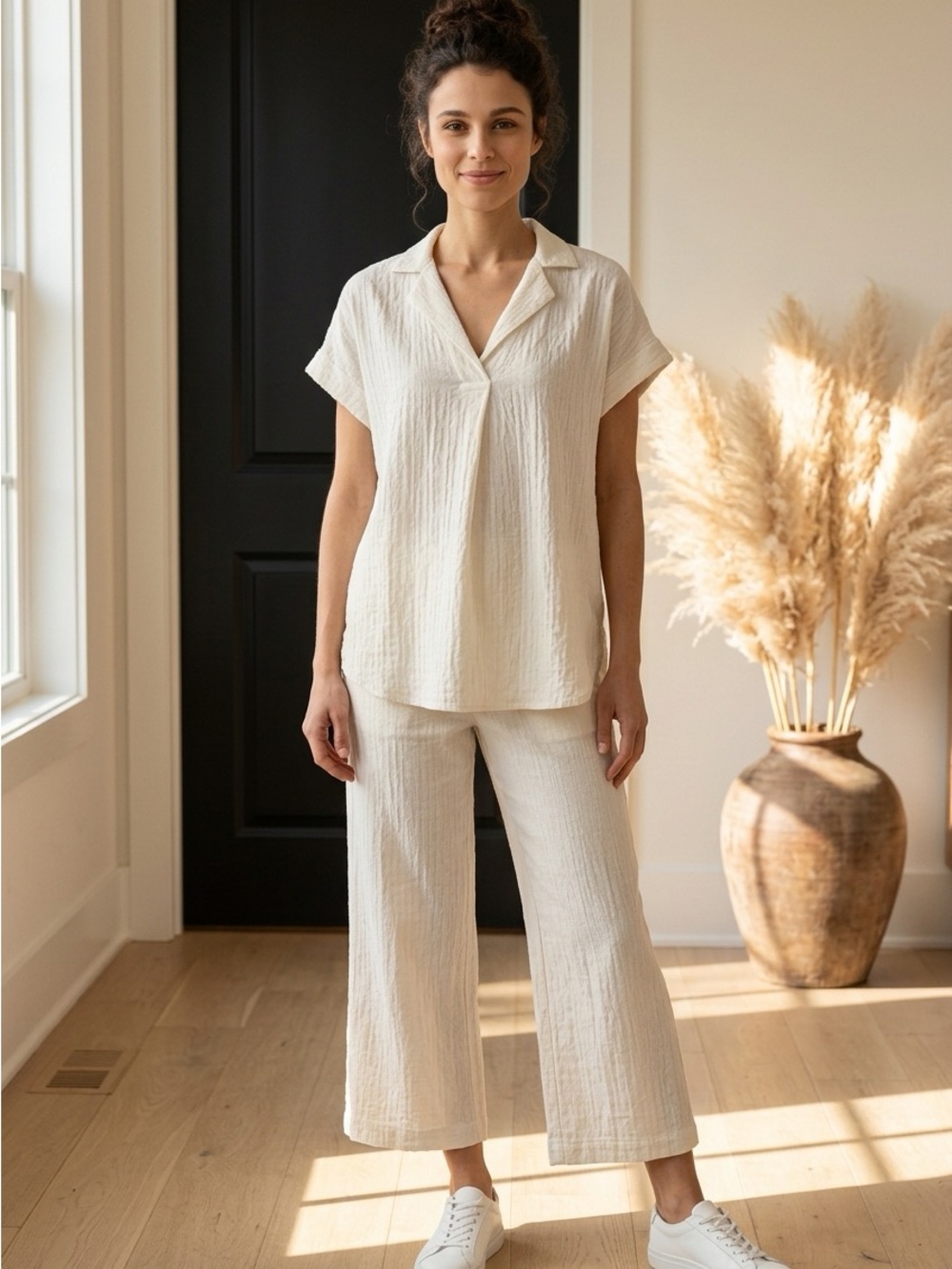 Jane Delancey Womens Small White Textured Crinkle Top Blouse Tunic Coastal Boho